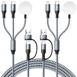 3 in 2 USB C Cable for Apple Watch Charger, Type C/Lightning for iPhone 16 Charger,Multi Charging Cable Cord,Portable Travel Essentials Designed for iWatch Ultra/SE/10-1 & iPhone Series-6ft/2Pack