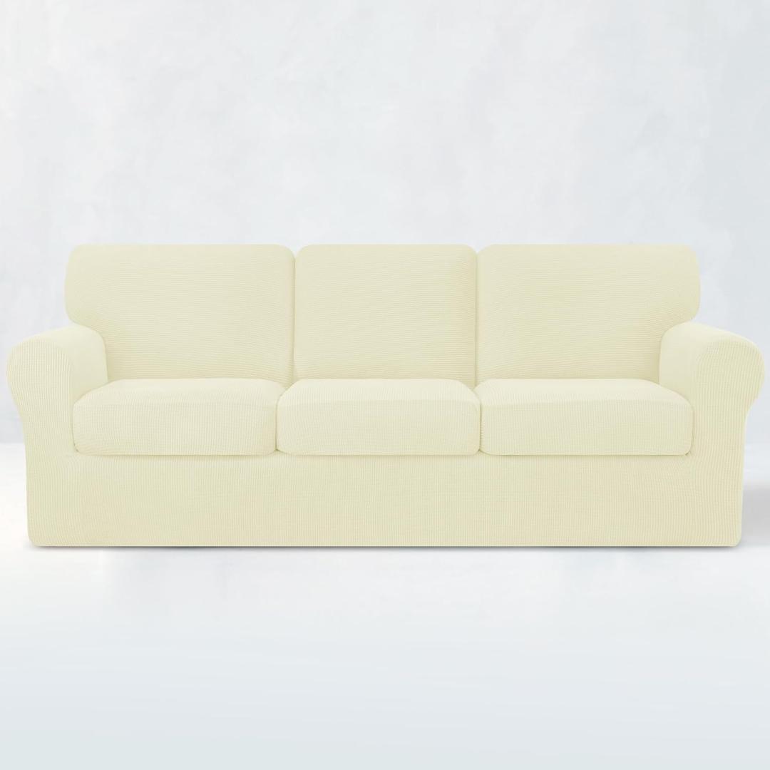 subrtex Slipcover Sets for Sofa, 7 Pieces Stretch Furniture Cover, Wear Resistant, Washable, Checkered Pattern, Ivory (Large)