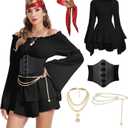 Pirate Costume Women Dress White Pirate Dress with Corset Necklace Bandana Headscarf Accessories (Medium, Black)