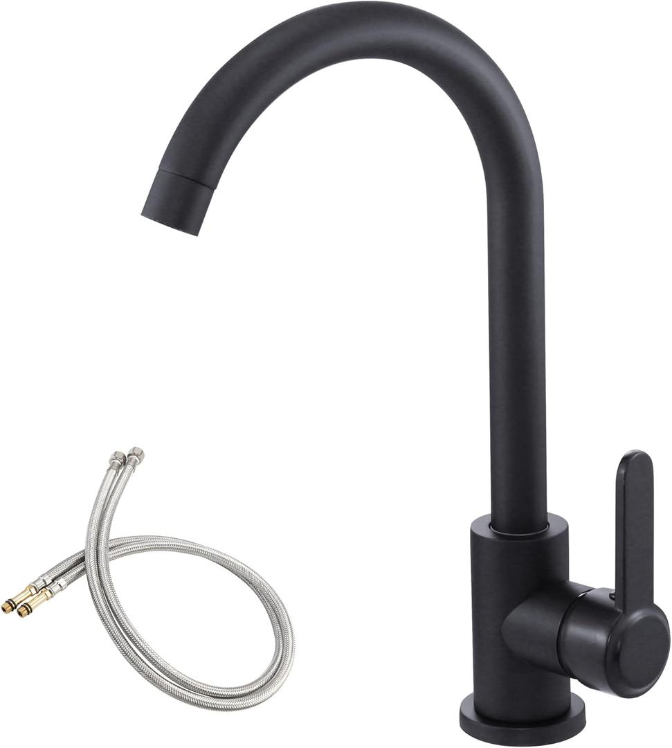 High Arc Bar Sink Faucet Black Single Hole Kitchen Sink Tap Single-Handle RV Faucets Prep Sink Tap with 360 Swivel Spout Kitchen Mixer Tap with 24Inch Water Supply Lines (Tall)