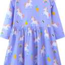 Toddler Girls Cotton Embroidery Applique Short Sleeve Dresses 2-7Y (#Lavender Unicorn)