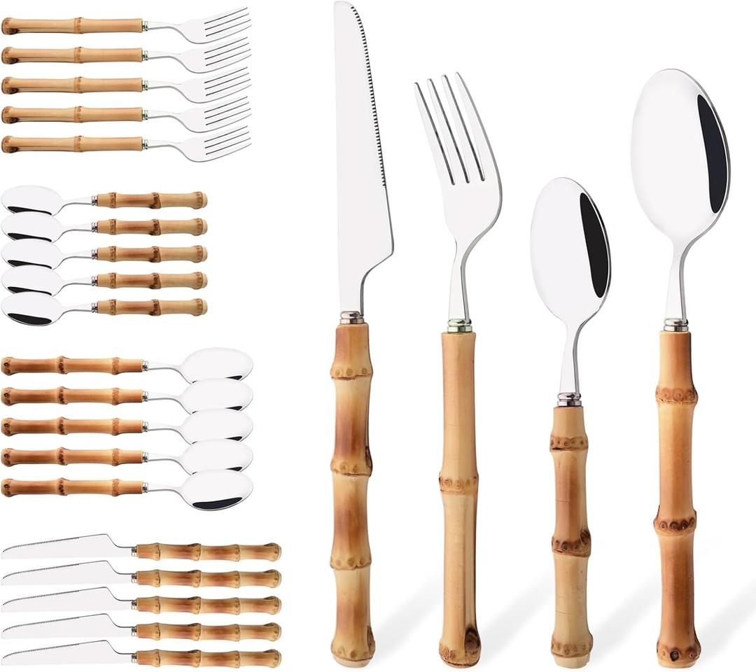 Bamboo Handle Silverware Set, 24-Piece Flatware Set for 6, Stainless Steel Cutlery Eating Utensils Include Forks Spoons and Knives for Daily Use and Party, Reusable and Modern Design