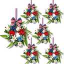 6 Pcs Small 4th of July Hanging Wreaths for Cabinets with Red Carnations Daisy Blooms Artificial Mini Independence Day Candle Ring Wreath with White Chrysanthemums for Front Door Window Porch Wall