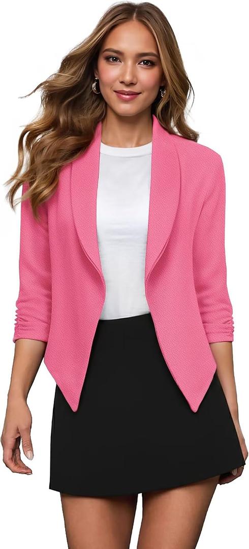 Hybrid & Company Lightweight Open Front Cardigan Classic Ruched Sleeve Work Office Blazer Suit Jackets, 1X