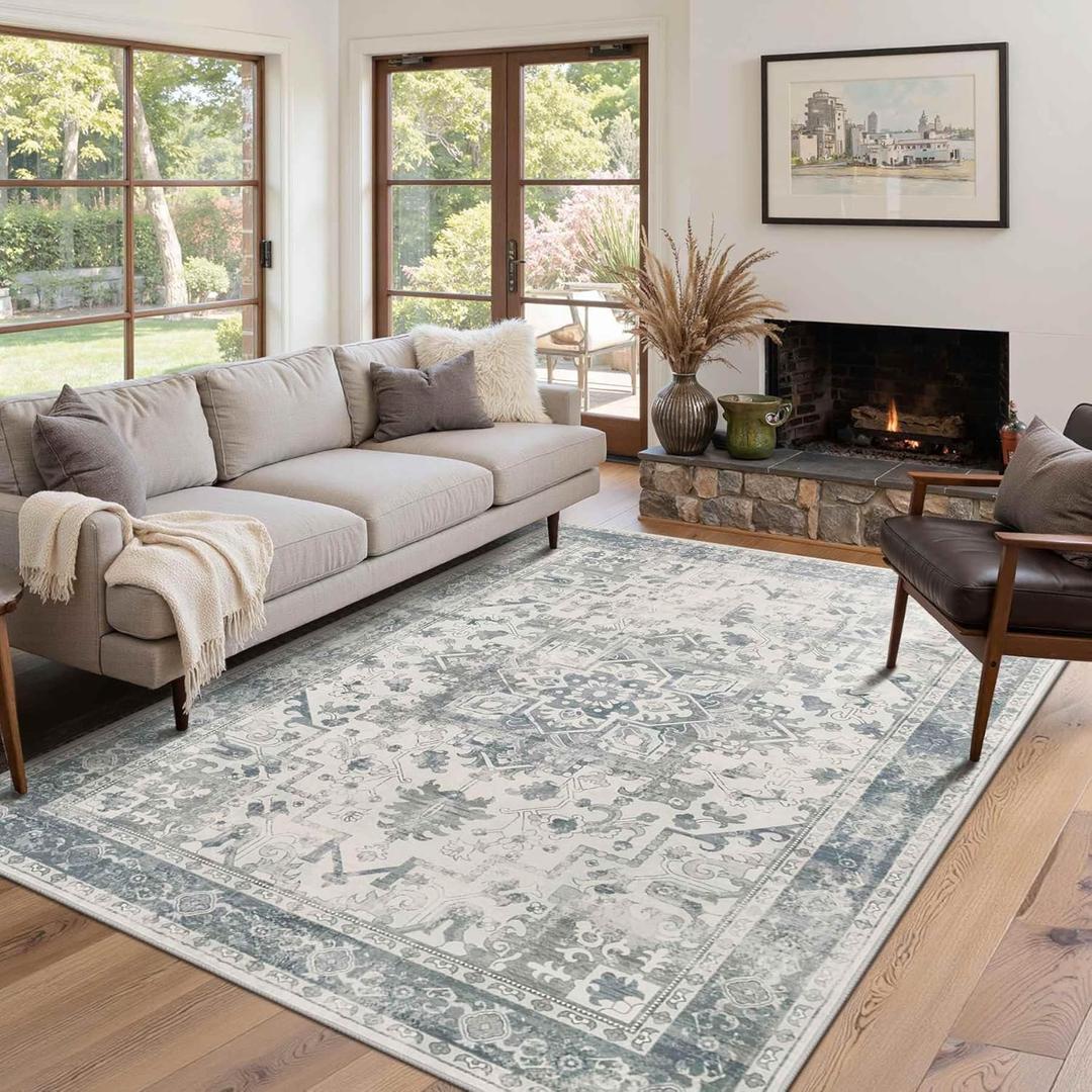 Rugxara Washable Area Rug for Living Room, Neutral Vintage Boho Rugs for Office, Dining Room, Kids Room, Farmhouse, Durable Low Pile Non Slip Carpet for High Traffic Areas, Light Blue Grey(4x6 ft)