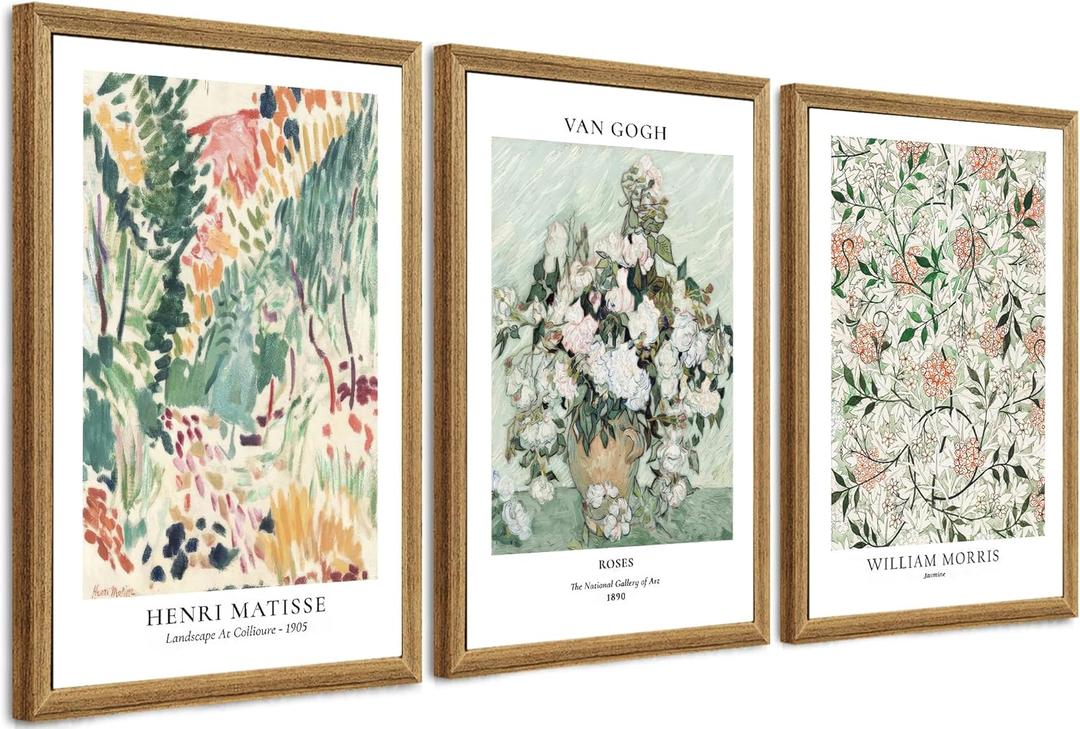 Fantasy Artists Framed Colorful Wall Art Set of 3 Impressionism Henri Matisse Van Gogh William Morris Flower Botanical Abstract Artwork Prints for Living Room Bedroom Bathroom 16" x 24" (24L" x 16W")