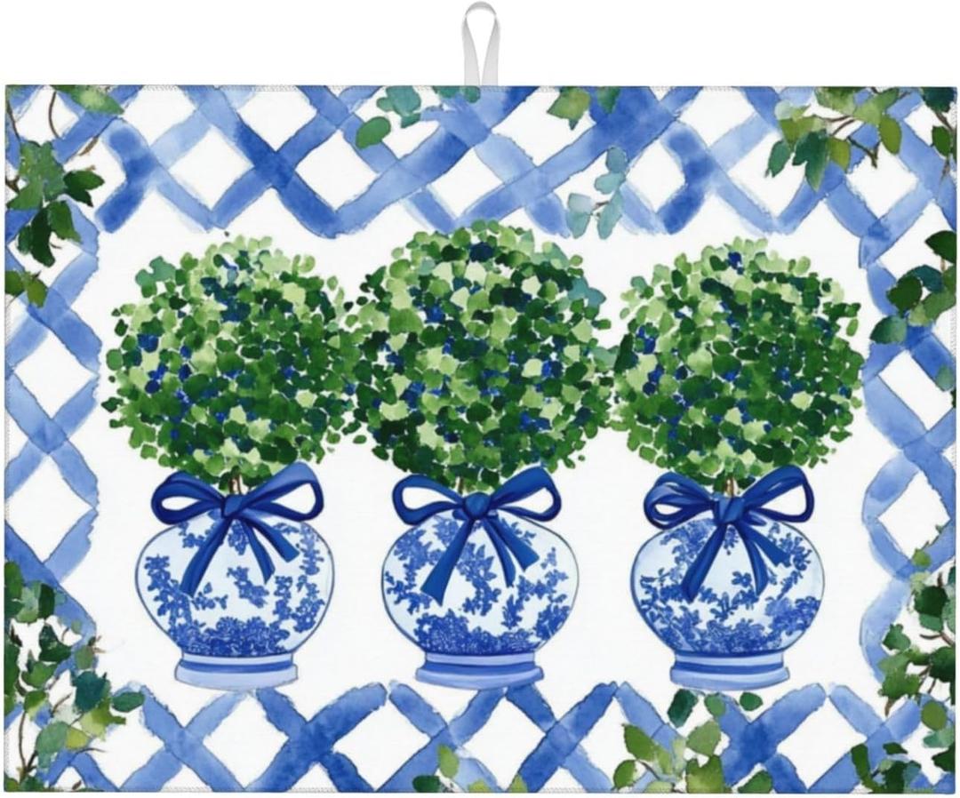 Topiary Chinoiserie Ginger Jar Dish Drying Mat For Kitchen Counter Microfiber Absorbent Dish Draining Reusable Washable 