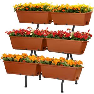 HEOMU 3 Tier Vertical Garden Planter with 6 Boxes, Vertical Raised Garden Bed with Adjustable Feet Pads, Raised Planter for Herb Flower Vegetable Plants in Patio Balcony Deck Indoor Outdoor, Brick Red