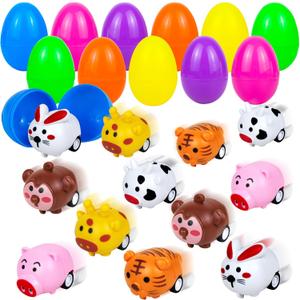 12PCS Easter Egg Filled with Animal Pull Back Cars Toys, Easter Basket Stuffers for Toddler Kids Boy Girls, Mini Small Toys for Easter Egg Fillers, Easter Gift for Goodie Bag Party Favors Egg Hunt