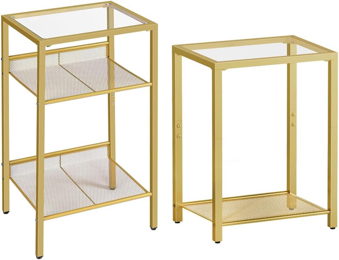 HOOBRO Tall End Table and Side Table Bindle, Tempered Glass Telephone Table with Mesh Shelf, 3-Tier High and Narrow Side Table for Small Space, Sofa, Living Room, Bedroom GD04DH01-GD76BZ01