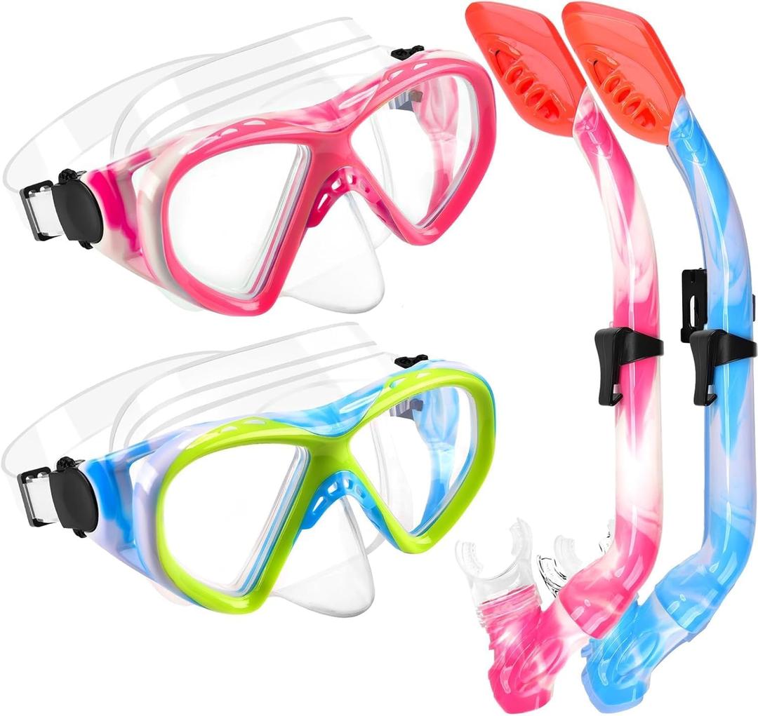 2 Sets Snorkeling Gear for Kids, Kids Snorkel Set for Ages 6-14, Dry Top Snorkel Mask Set for Youth Boys Girls Junior, Tempered Glass Diving Swimming Mask Goggles (Z-2Set(Blue yellow+Pink white))