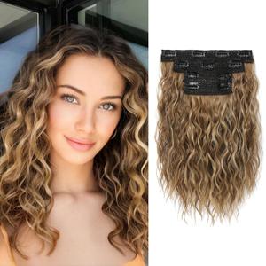 REECHO Clip in Hair Extensions - 4PCS 12" Short Curly Wavy Brown Hair Extensions with Invisible Lace Weft and Highlights (Light Brown with Highlights)