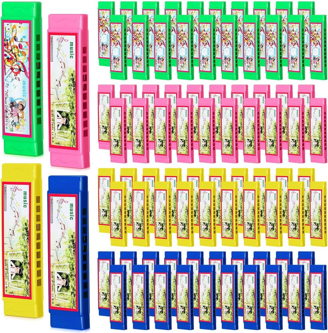 Liliful 100 Pcs Kids Harmonica for Boys Girls Musical Instrument Toy Lightweight and Easy to Carry, Key of C for Beginners for School Teaching Early Childhood Enlightenment Performance, 4 Colors