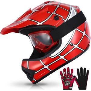 TCMT Dot Youth & Kids Motocross Offroad Street Helmet Red Spider Motorcycle Youth Helmet Dirt Bike Motocross ATV Helmet+Goggles+Gloves M