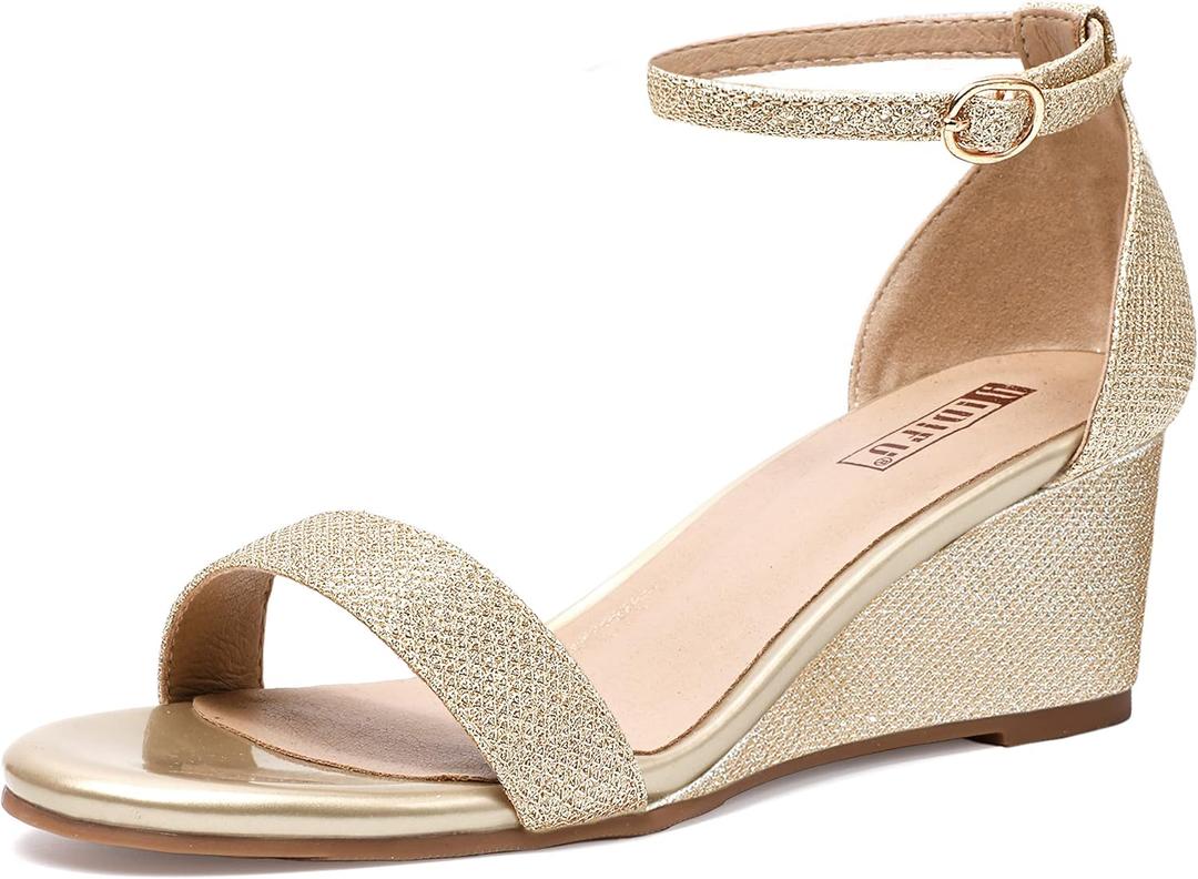 IDIFU Wedge Sandals Heels for Women Dress Shoes Open Toe with Ankle Strap for Wedding Bridal Evening Cocktail, 8, Gold Glitter