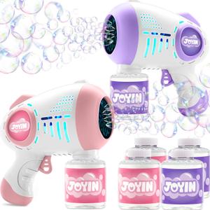 JOYIN 2 Kids Bubble Guns with 4 Bottles Solution, Automatic Bubble Machine Gun with 8 Holes for Kids, Adults, Summer Toys, Easter Basket Stuffers, Birthday Gift, Party Favors-Purple Pink