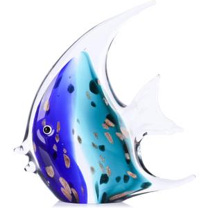XMGZQ Hand Blown Glass Fish Figurines,Sea Glass Art Figurines Ornament,Tropical Fish Paperweights,Coastal Beach Room Decor,Colorful Aesthetics Home Decor for Bookshelf,Office,Living Room (Blue Green)