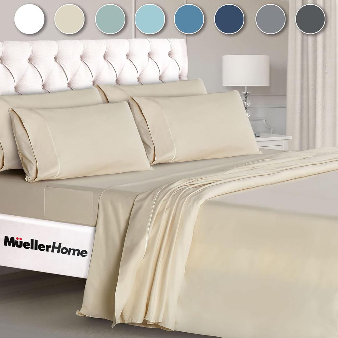 Mueller Luxury 6 Piece Queen Sheet Set - Ultra-Soft 1800 Series, Cooling & Breathable Hotel Quality Bed Sheets, Deep Pocket up to 16" - Hypoallergenic, Wrinkle-Resistant, Oeko-TEX, Cream (Queen, Cream)