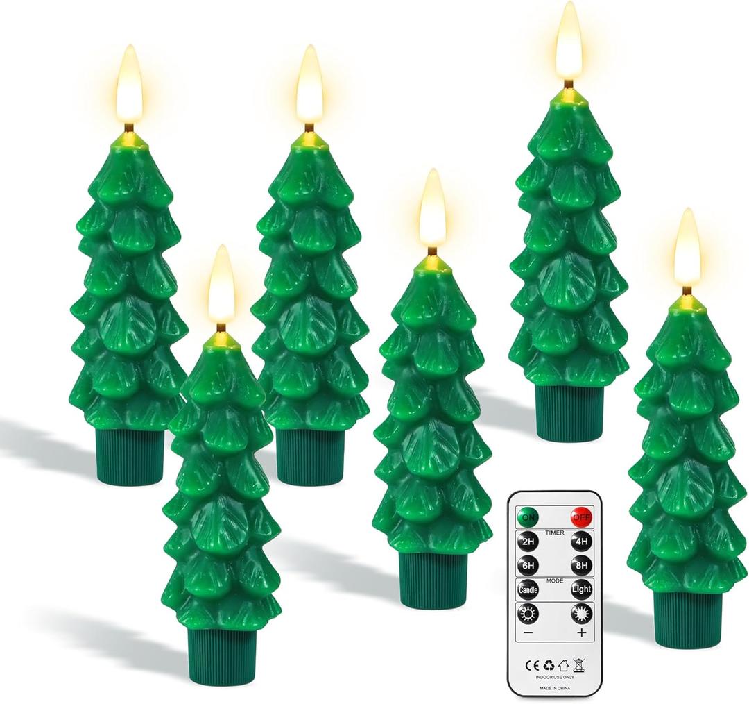 yunsheng 6Pcs Christmas Tree Candles with Remote Timer, Green Real Wax Flameless Taper Candles Flickering, 5 Inches Battery Operated LED Window Candle for Home Holiday Decor