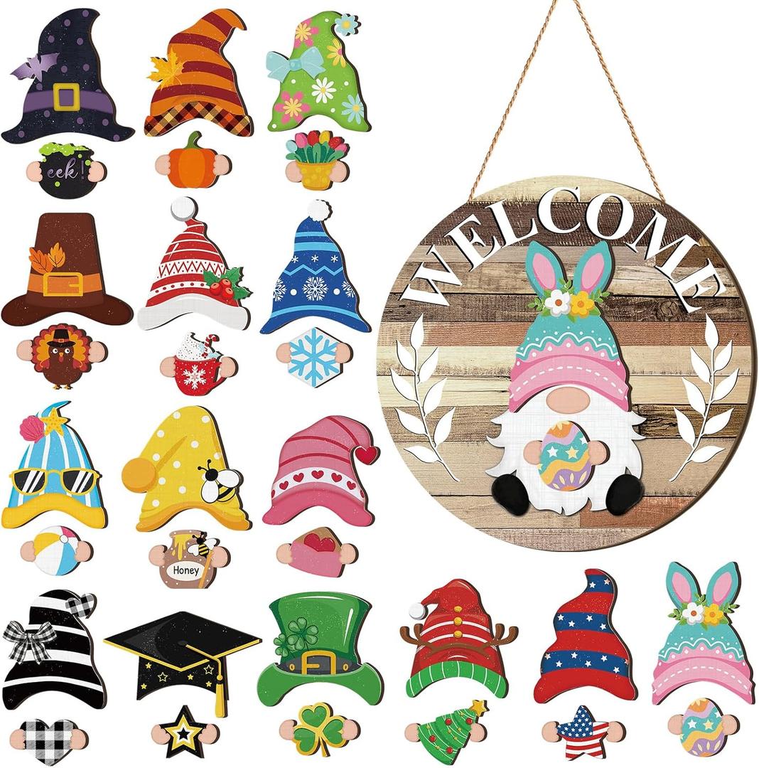 Qunclay Interchangeable Wooden Gnome Decor Holiday Seasonal Gnome Decorations with Magnet Pieces and Detachable Hats Changeable Welcome Sign for Home (Farmouse)