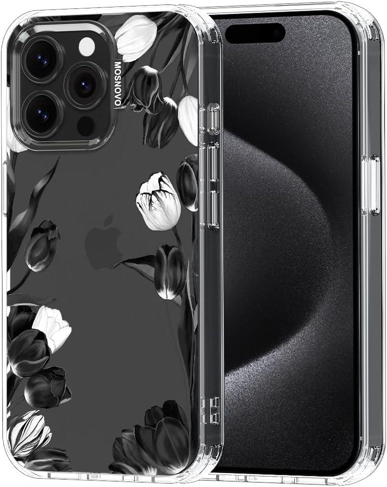 MOSNOVO Case for iPhone 15 Pro Max, [Buffertech 6.6ft Military-Grade Drop Protection] [Anti Peel Off Tech] Clear TPU Bumper Phone Case Cover Design - Black White Tulips