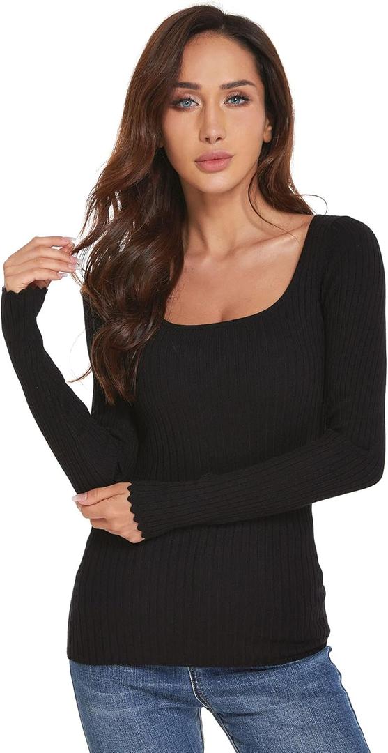 AmlieBoutik Women Scoop Neck Long Sleeve Scalloped Cuff Ribbed Pullover Sweater (Large, Black)