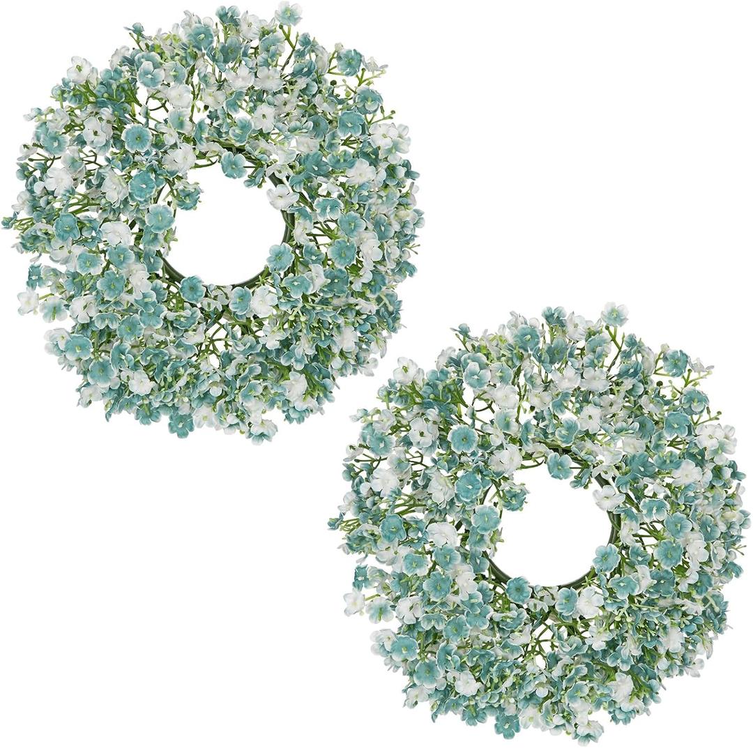 Hollyone 2Pcs Small Artificial Baby Breath Flowers Wreath 10 Inch Blue for Front Door Decor Faux Gypsophila Wreath Fake Baby Breath Flower Garland Candle Ring for Kitchen Cabinet Chairs Tabletop Decor