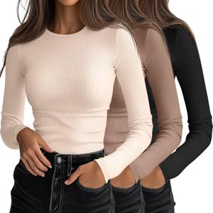 Ficerd 3 Pack Women's Ribbed Long Sleeve Tops, Crew Neck Slim Fit Undershirts Knit Basic Casual Stretch Layering Tee Shirts (S)
