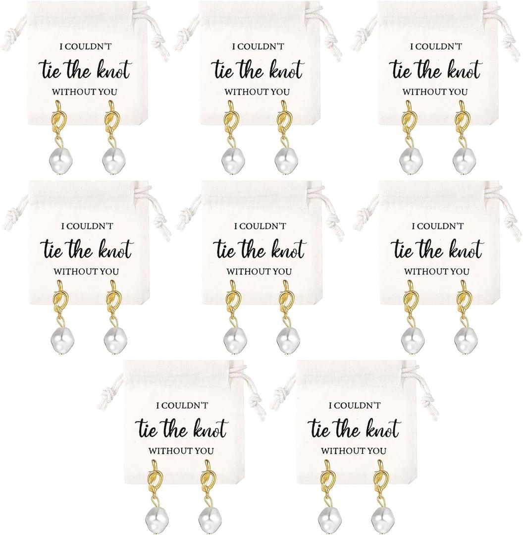Tondiamo 8 Sets Bridesmaids Gifts Bridesmaid Pearl Jewelry Bridesmaid Knot Pearl Earrings and Linen Cotton Small Drawstring Bags Wedding Bridesmaids Gifts I Couldn't Tie the Knot Without You