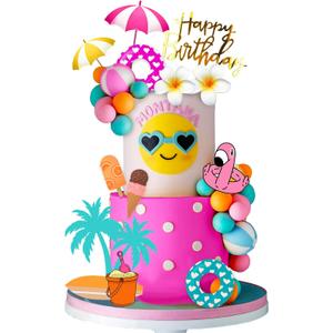 Summer Hawaiian Cake Topper with Swimming Rings Balls Sun Umbrella Beach Cake Decorations for Summer Hawaii Aloha Theme Birthday Supplies