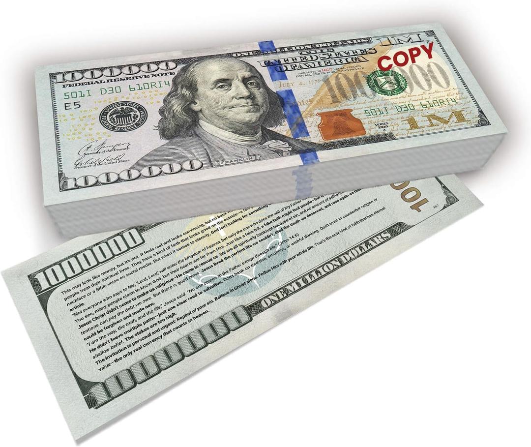 Zadin 100PACK Million Dollar Bill Gospel Tracts for Christian, Evangelism, Halloween, Bible Salvation Tracts, Gospel Zero, Church Visitor Cards 100 PCS