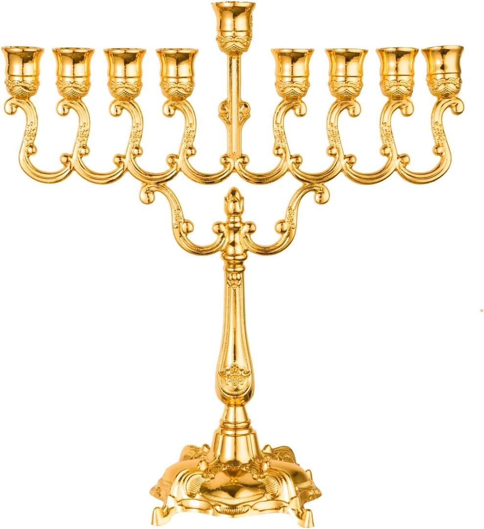 9-Branch Gold-Plated Hanukkah Menorah Candle Holder - Jewish Holiday Decor, Sabbath Table Centerpiece, Jerusalem Temple Style, Home & Office Decoration (16.5cm8cm20cm)