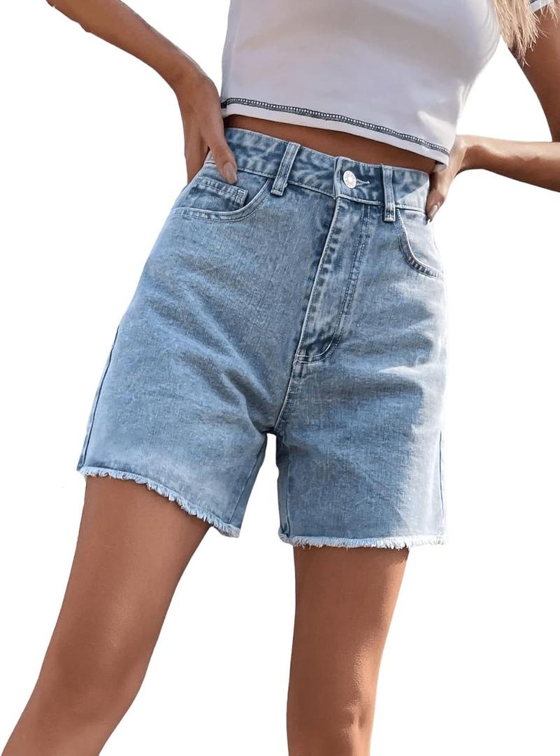 SweatyRocks Women's High Waist Denim Shorts Straight Leg Raw Hem Jean Shorts Summer Hot Pants with Pockets (Large)