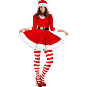 Geyoga Women's Santa Claus Costume Set Velvet Dress with Belt Women's Xmas Striped Tights Santa Hat Set Dress Cosplay (Red, Large