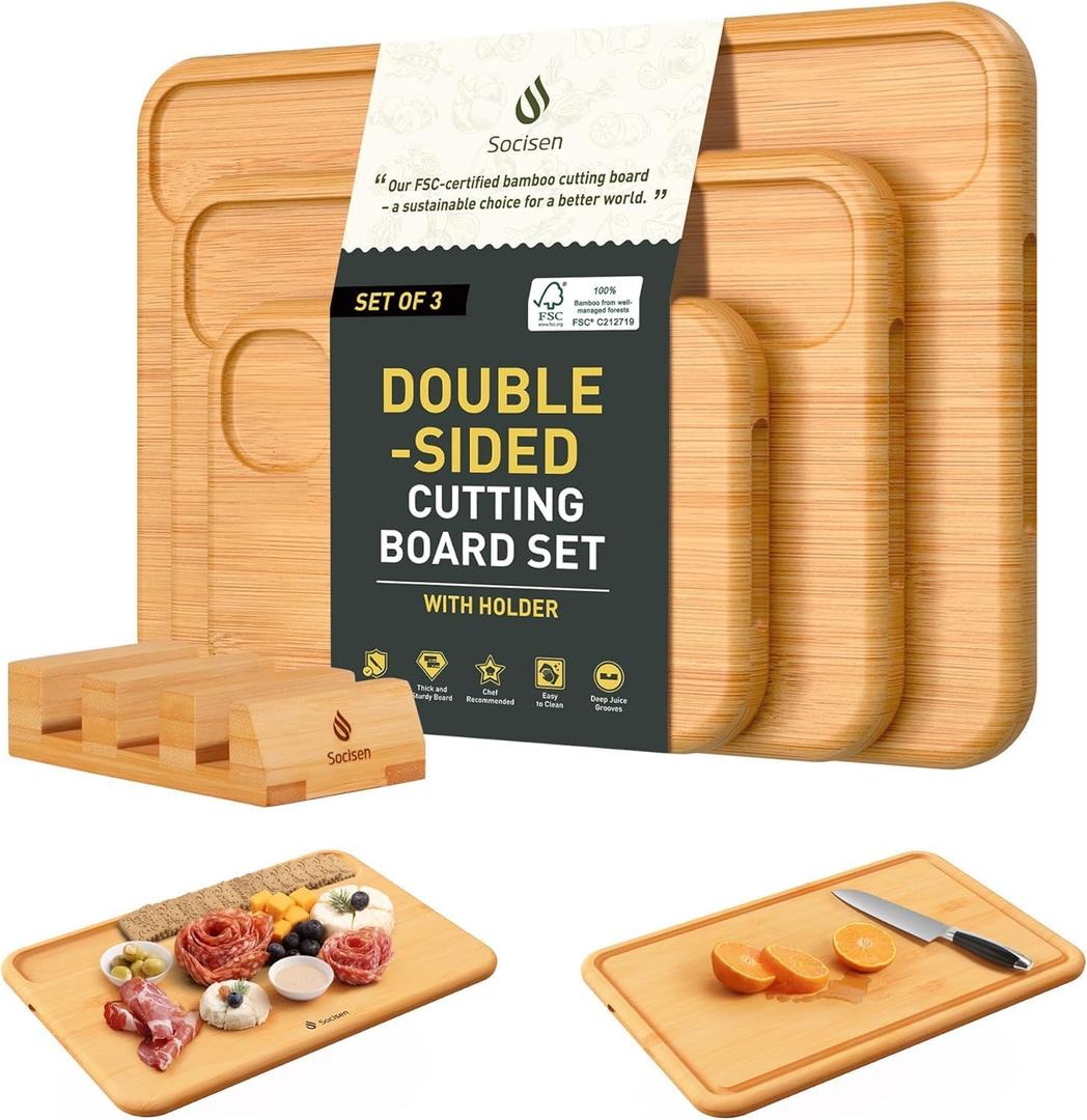 3 Packs Bamboo Cutting Board Set with Holder Wood Cutting Boards for Kitchen with Juice Grooves Built-in Handles, Ideal Charcuterie & Chopping for Meat Vegetables Fruits Kitchen Gift for Home Cooks
