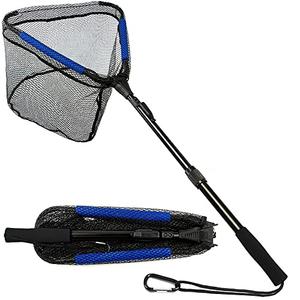 LBW Collapsible Rubber Fishing Net with Telescoping Handle, Folding Kayak Net for Freshwater or Saltwater, Portable Floating Landing Net for Trout, Catfish, Bass, Floating Telescopic Pole Black