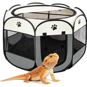 Bearded Dragon Playpen, Foldable Portable Reptile Exercise Pen with Breathable Mesh Top, Indoor Outdoor Small Animal Cage Habitat for Lizard, Bearded Dragon, Hamster, Guinea Pig, Puppy Kitten