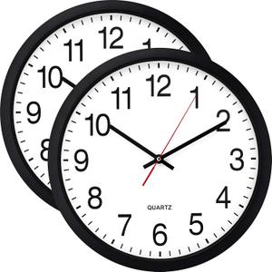 Bernhard Products Black Wall Clock, 2 Pack Silent Non Ticking - 16 Inch Extra Large Quality Quartz Battery Operated Round Easy to Read Home/Office/Business/Kitchen/Classroom/School Clocks