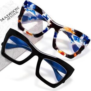 Madison Avenue 2 Pack Oversized Square Blue Light Blocking Glasses for Women, Thick Cateye Computer Eyeglasses Balck/Blue Dot
