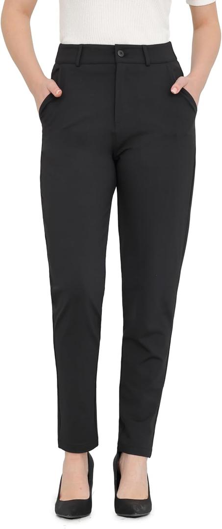 Bamans Womens 27"/29" Dress Pants Work Office Slacks Business Casual Stretch Skinny Leg with Pockets (Medium, Black)