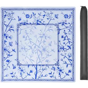 Large Blue Printed Mahjong Mat (31.5x31.5) with Black Carrying Bag, Anti-Slip, Noise-Reducing, Mahjong Table Mat for Mah-jongg,Poker, Board Games, Dominoes, and Card