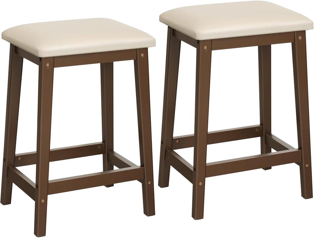 HOOBRO Bar Stools, Set of 2 Bar Chairs, Counter Height Bar Stools, PU Upholstered Kitchen Stools, 24 Inch Bamboo Saddle Stools with Footrests, for Kitchen, Dining Room, Bar, Beige and Brown CE04MD01