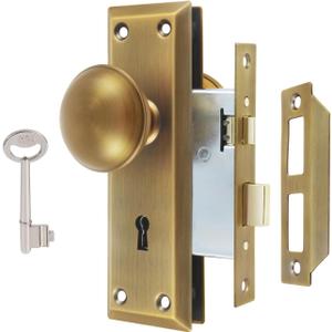 Mortise Lock Set for Interior Door, Vintage Antique Door Knobs with Lock and Skeleton Key, Old Door Knob Replacement Fits 1-3/8 in 1-3/4 in, Antique Brass Finish