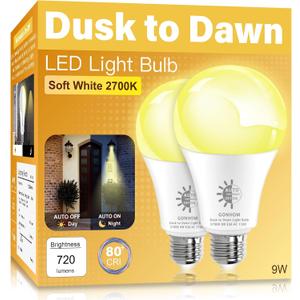 2 Pack Dusk to Dawn Light Bulbs Outdoor, 2700K Warm White, 720LM, 9W(60W Equivalent) A19 E26 Automatic On/Off LED Sensor Light Bulbs, Dusk to Dawn Outdoor Lighting for Porch Garage Patio