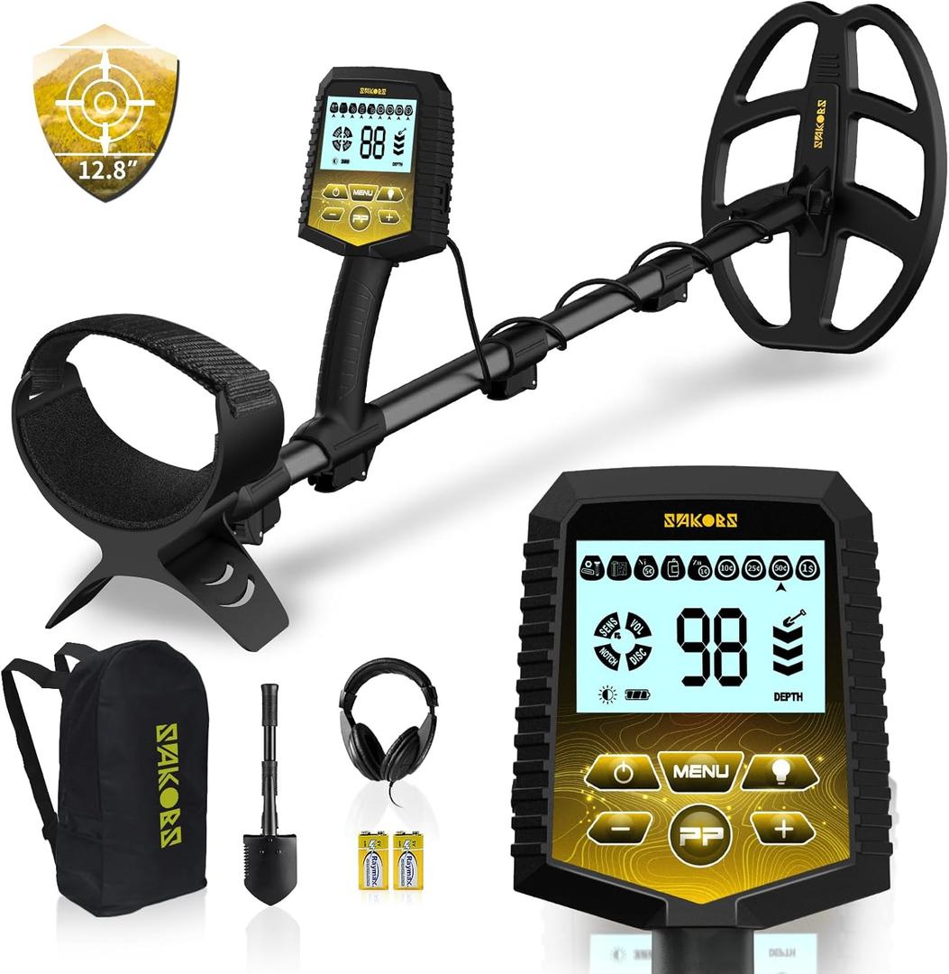 SAKOBS Metal Detector for Adults, Professional Foldable Waterproof Metal Detector with 11" IP68 DD Coil, Backlit LCD Target ID, 12.8" Deep Search Gold Detector, Lightweight Beach Metal Detector