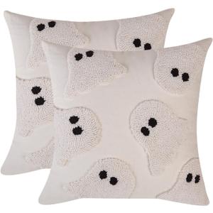 Tosleo Halloween Throw Pillow Covers 18x18 inch Set of 2 Halloween White Ghosts Embroidered Pillow Cases Thanksgiving Home Party Fall Decor Pillowcases Square Cushion Covers for Spooky Season