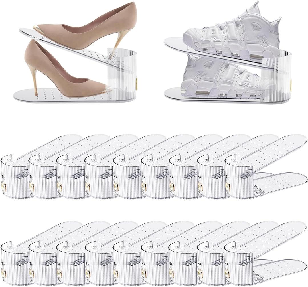 Clear 20 Pack Shoe Slot Organizer, Shoe Stacker Organizer Holders for A Pair of Shoes, Adjustable Thickening Double Layer 50% Shoe Space Saver Rack Storage for Closet (clear, 20 pack) (20 Pack, Clear)