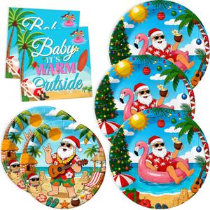 200Pcs Christmas Summer Decorations - Summer Paper Plates Dessert Dinnerware Set for 50 Guests - Hawaiian Beach Party Supplies Table Decorations