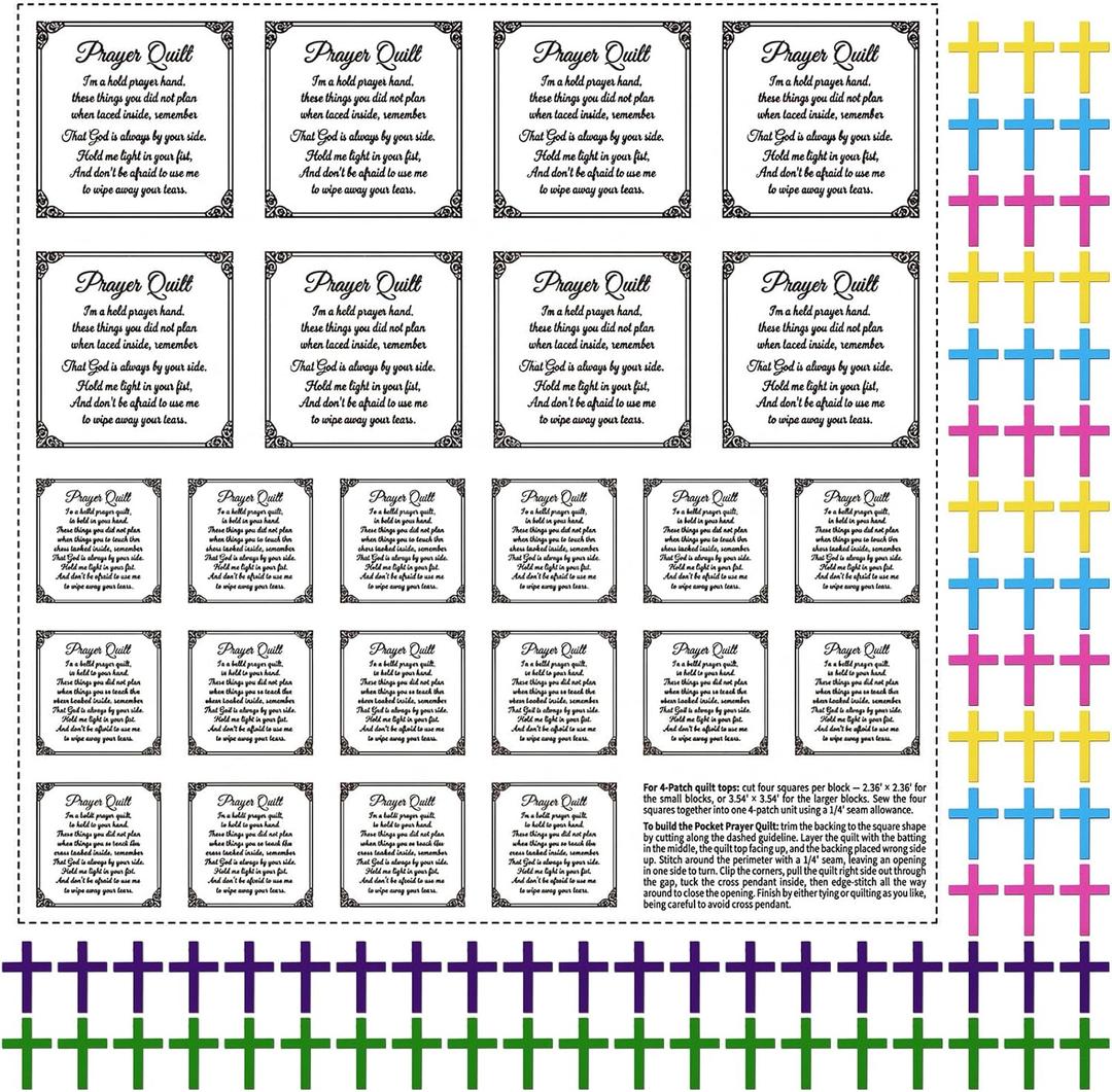 Fanfanwin Pocket Prayer Quilt Panel Squares with Small Wooden Crosses Mini Scripture Pocket Prayer Quilt for Friend Family Religious Spiritual Gift Christmas Reward Gift(Classic)
