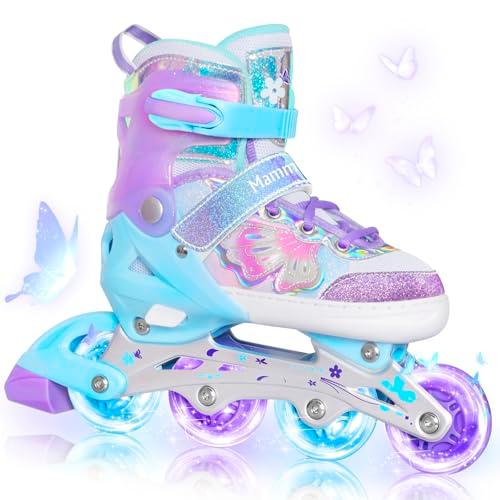 MammyGol Adjustable Inline Skates for Girls Boys Ages 4-12 with Light up Wheels & Butterfly Design – Vibrant Flashing Roller Skates, Perfect Beginner Skates for Kids Youth Size 1-4